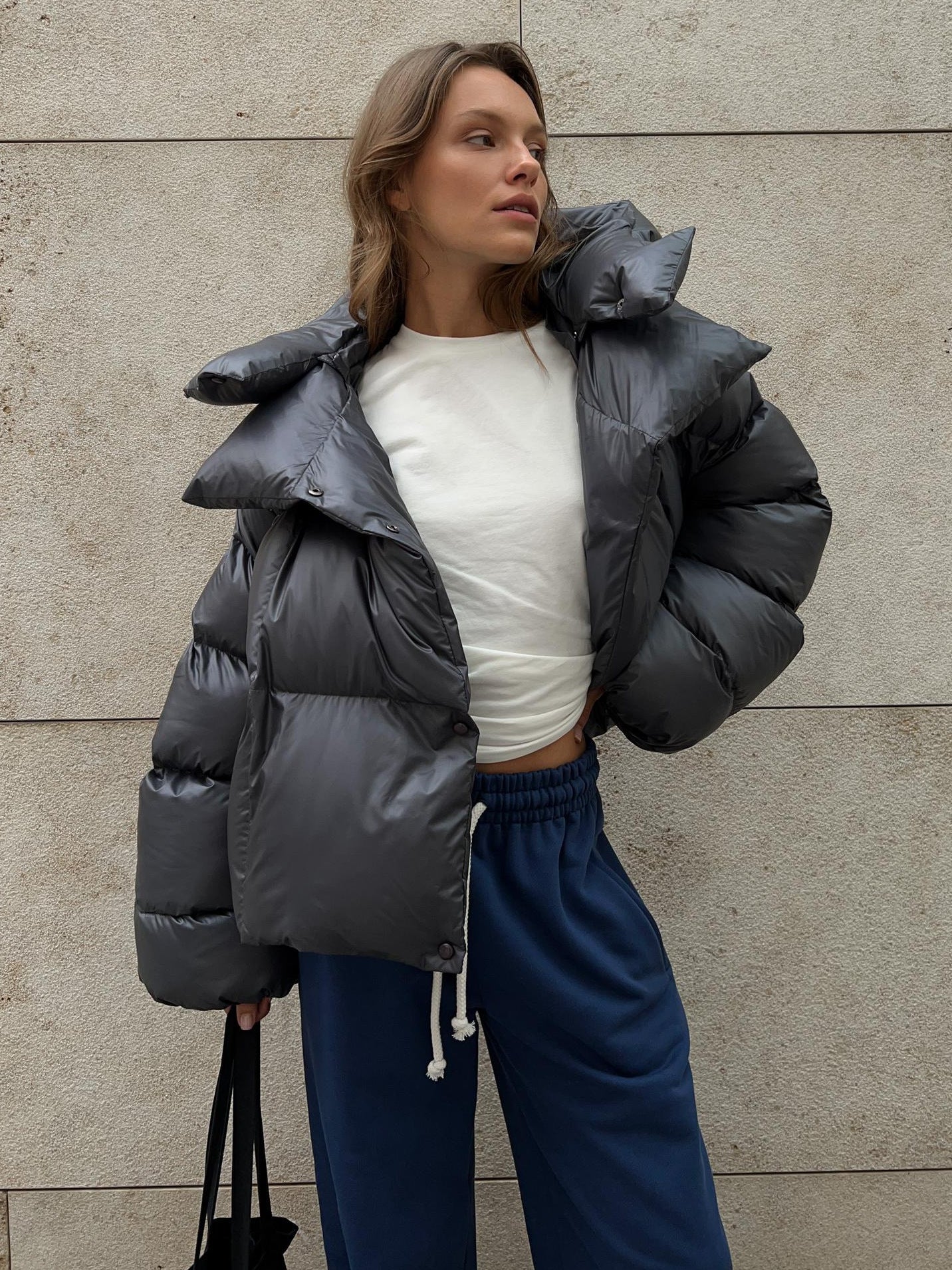 Shiny gray puffer jacket from Langry, perfect for fashionable winter ملابس