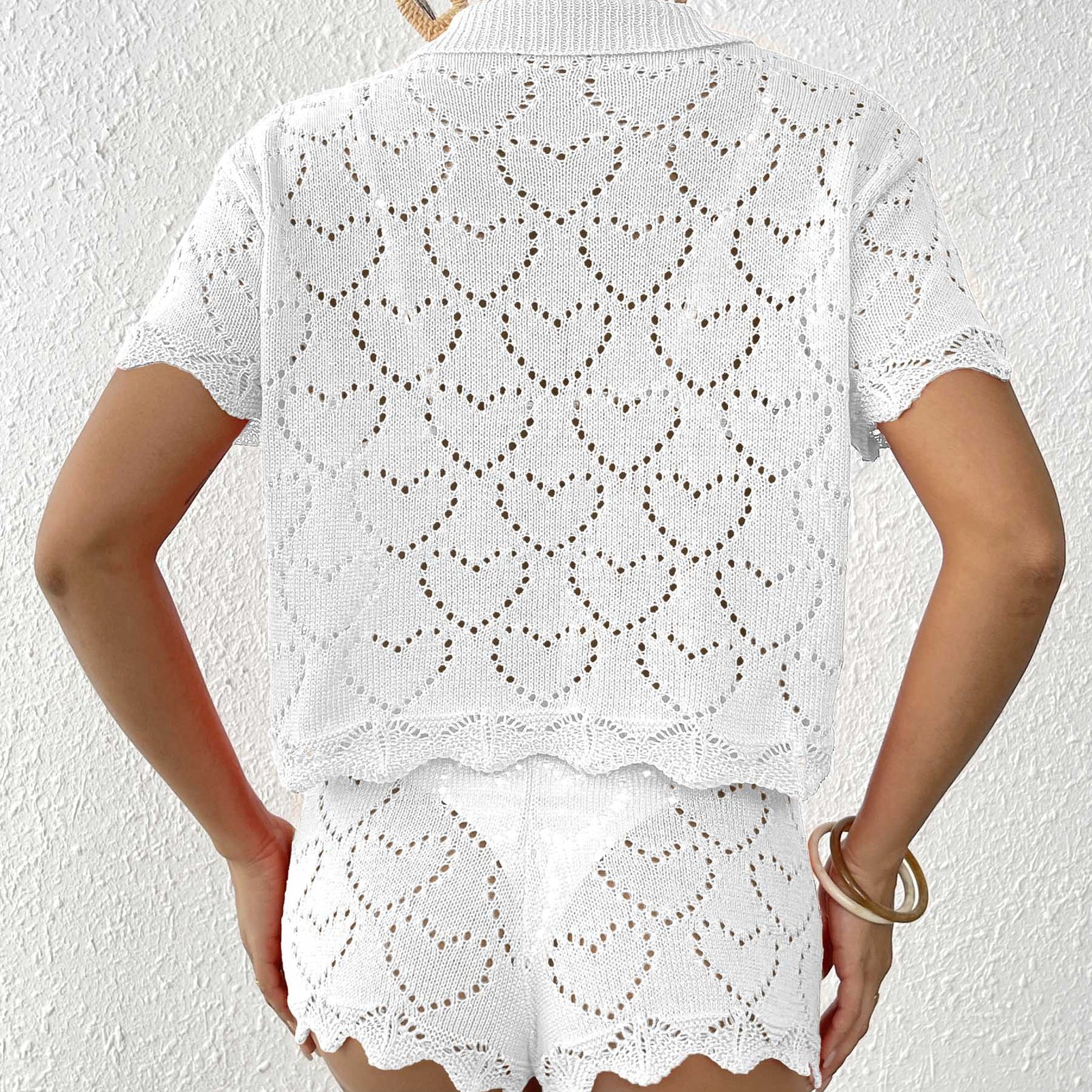 White heart-patterned knit shorts set from Beautiful Beach Sets, perfect for summer fashion