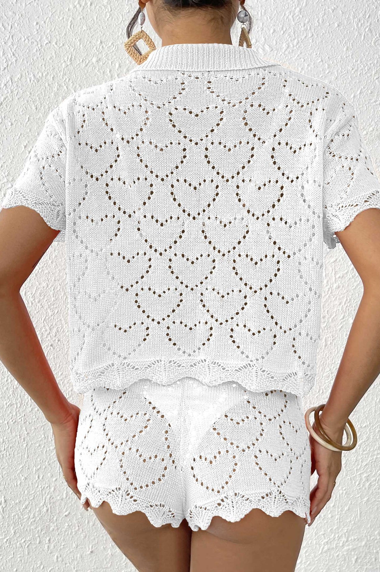 White heart-patterned knit shorts set from Beautiful Beach Sets, perfect for summer fashion