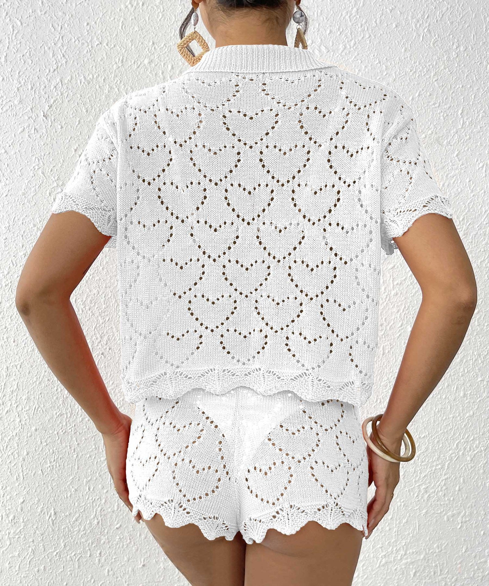 White heart-patterned knit shorts set from Beautiful Beach Sets, perfect for summer fashion