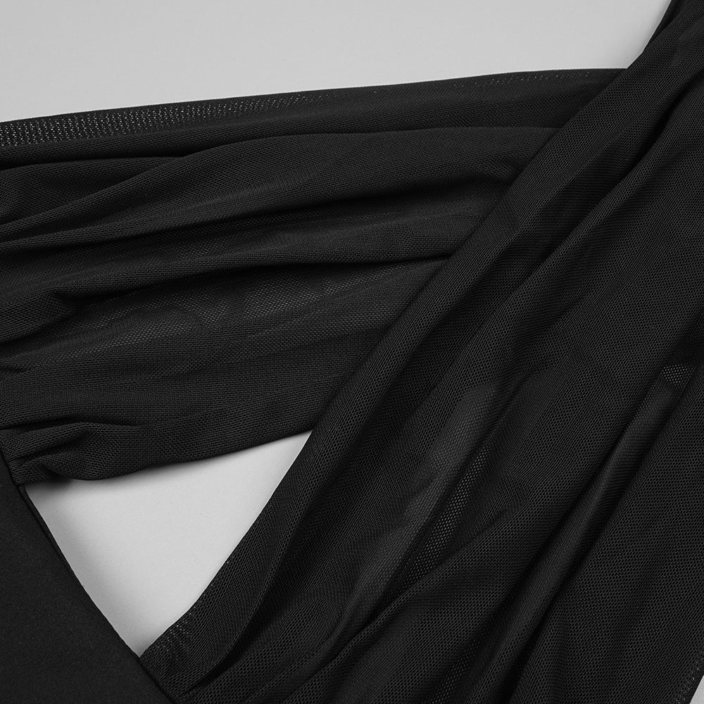 Black sheer fabric draping of Elegant Slim Halter Maxi Dress showcasing modern fashion