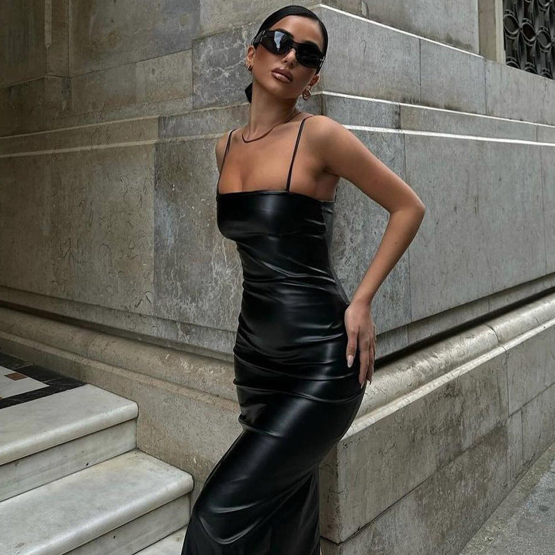 Sleek black faux leather backless dress showcasing modern langry fashion style