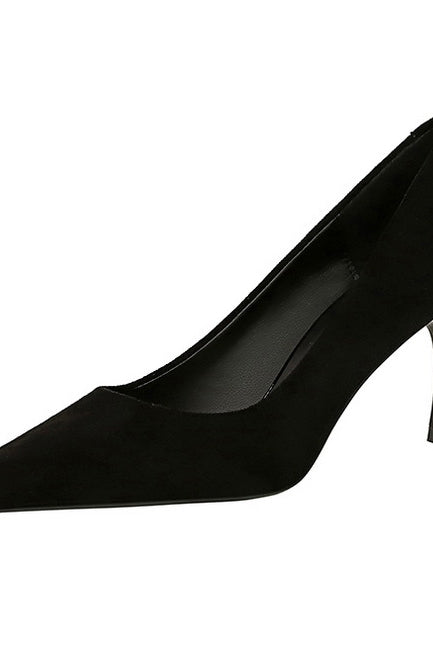 Langry fashion black patent leather pointed toe pump with silver heel
