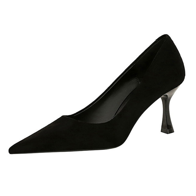 Langry fashion black patent leather pointed toe pump with silver heel
