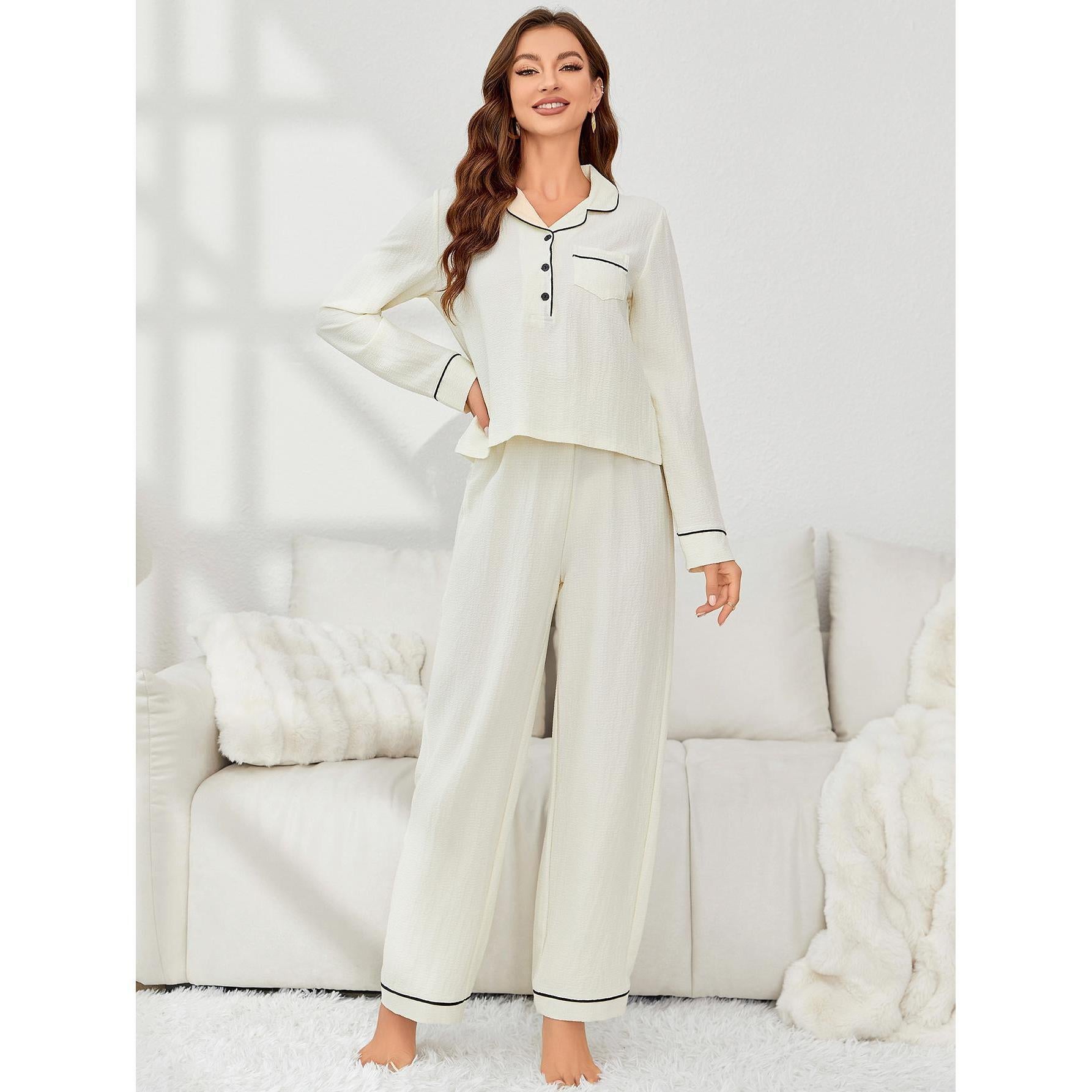 Off-white langry fashion women’s pajamas set with black piping for autumn winter comfort