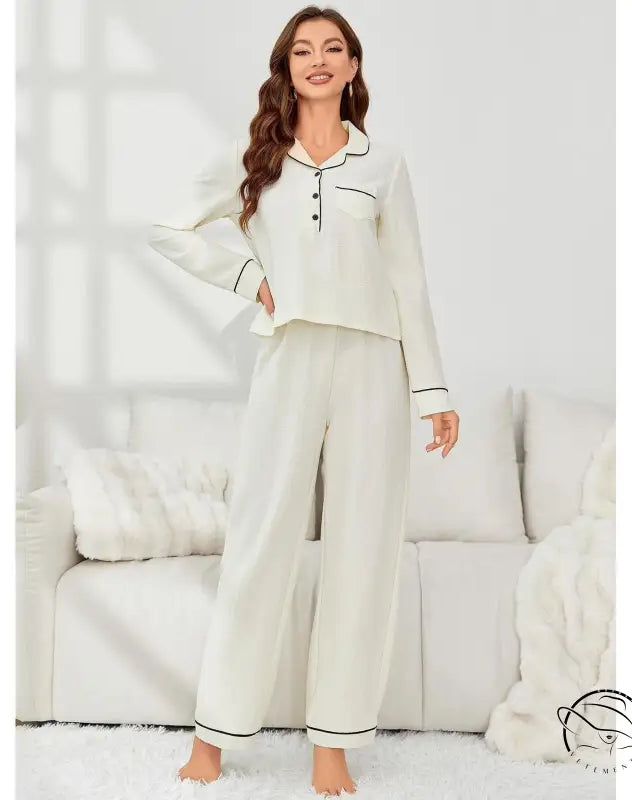 Off-white langry fashion pajamas set with black piping for women