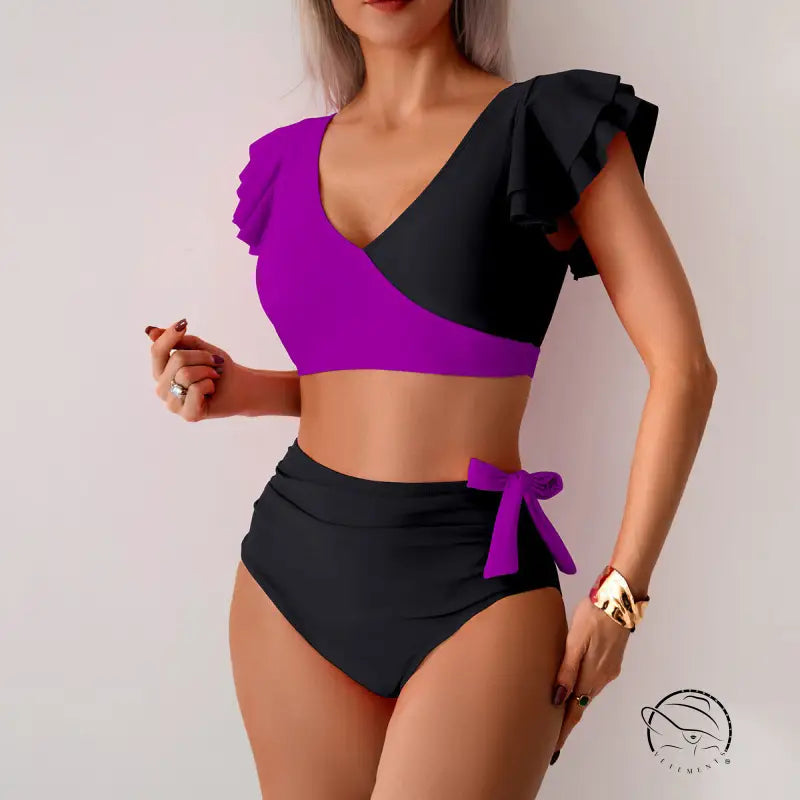 Stunning high waist bikini with ruffled sleeve two-piece swimsuit