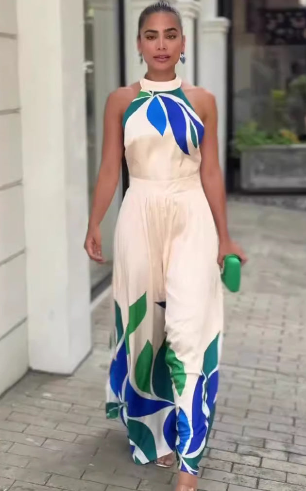 Women’s summer printed sleeveless flared shorts jumpsuit with floral print and wide-leg design