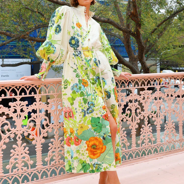 Floral print maxi dress featuring long sleeves for fashionable summer outings