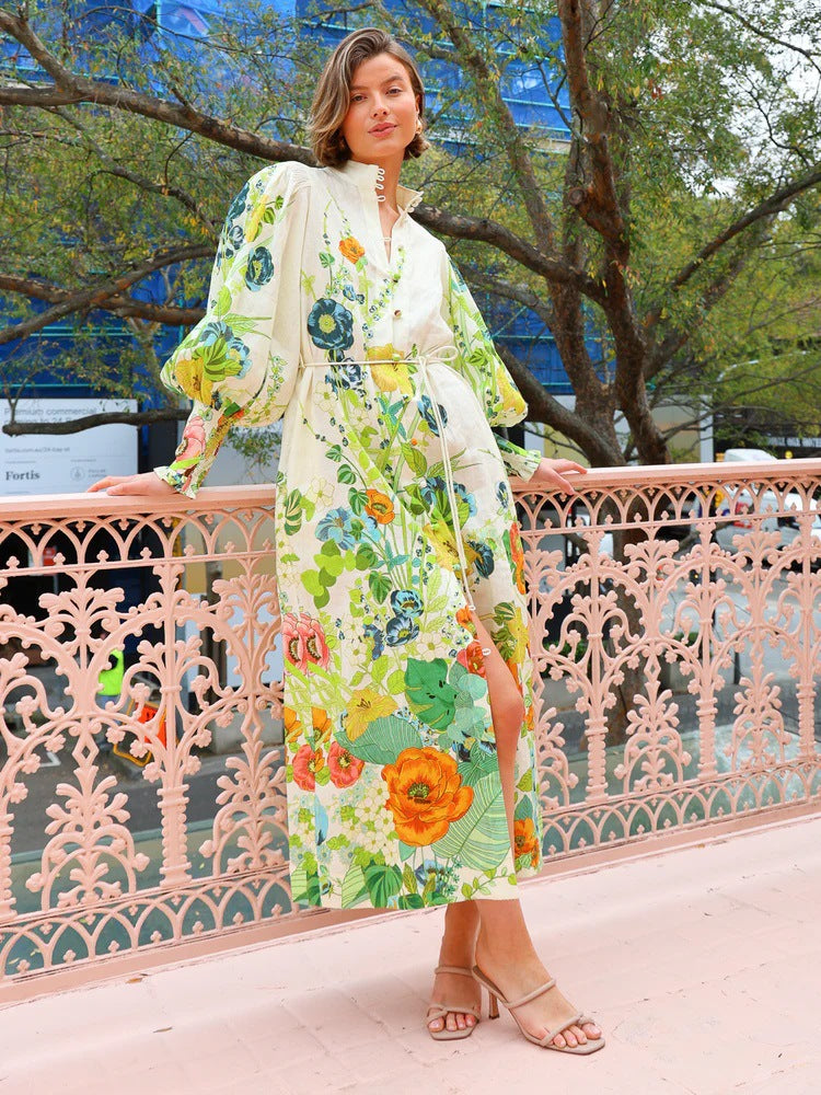 Floral print maxi dress featuring long sleeves for fashionable summer outings
