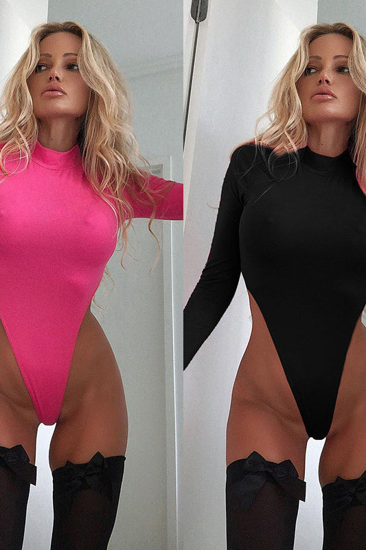 Women modeling a solid color hollow cutout cropped tight bodysuit in pink and black with thigh-high stockings