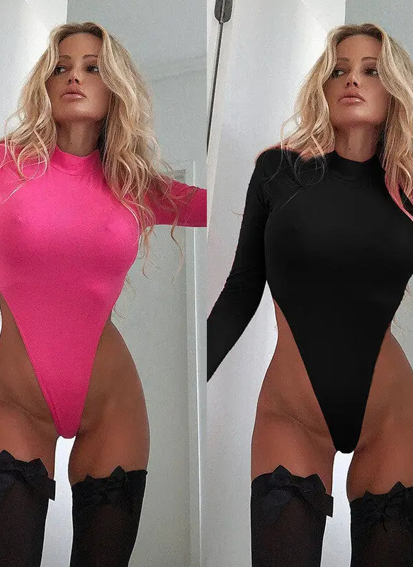 Woman in solid color hollow cutout cropped tight jumpsuit, pink and black with stockings