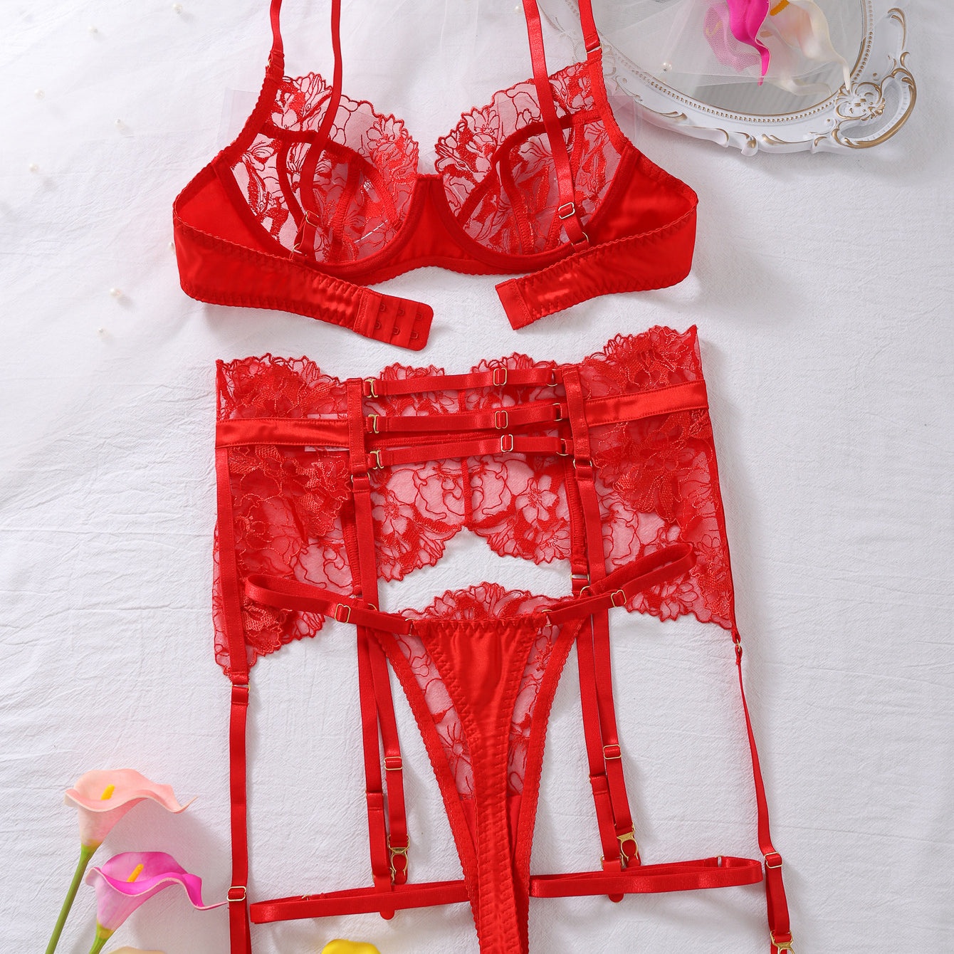Red lace embroidery lingerie set with steel ring push-up, garter, stockings