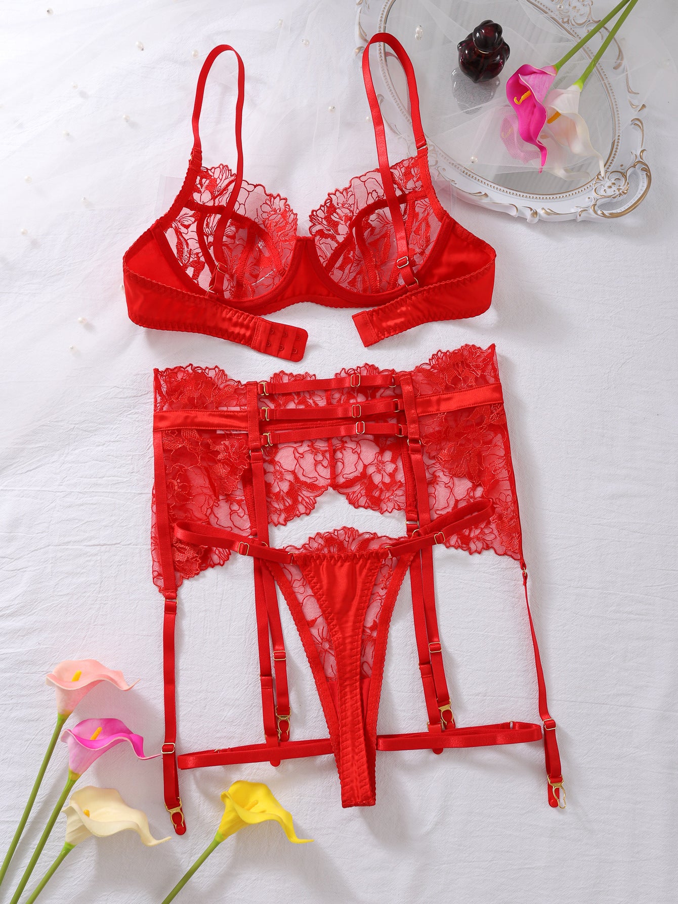 Red lace embroidery lingerie set with steel ring push-up, garter, stockings