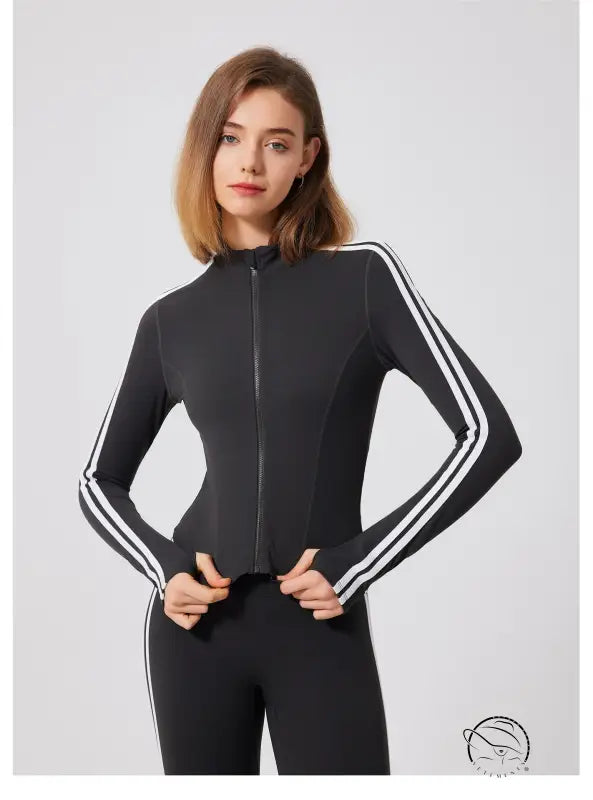 Black adidas tracksuit with white stripes, running skin friendly fitness top
