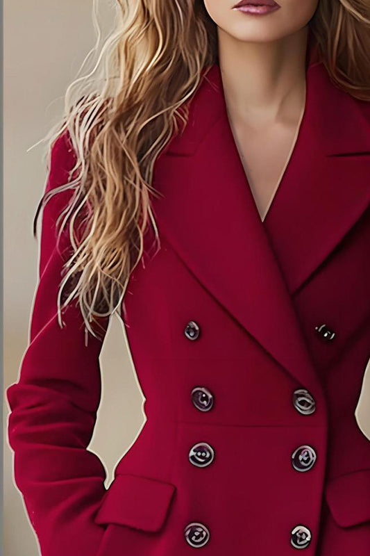 Red double-breasted long wool coat with large buttons and pockets for autumn winter fashion