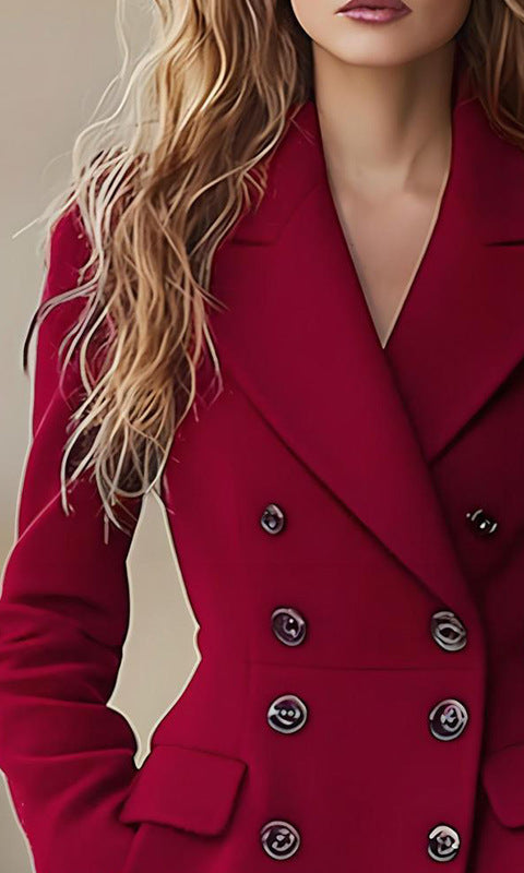 Red double-breasted long wool coat with large buttons and pockets for autumn winter fashion