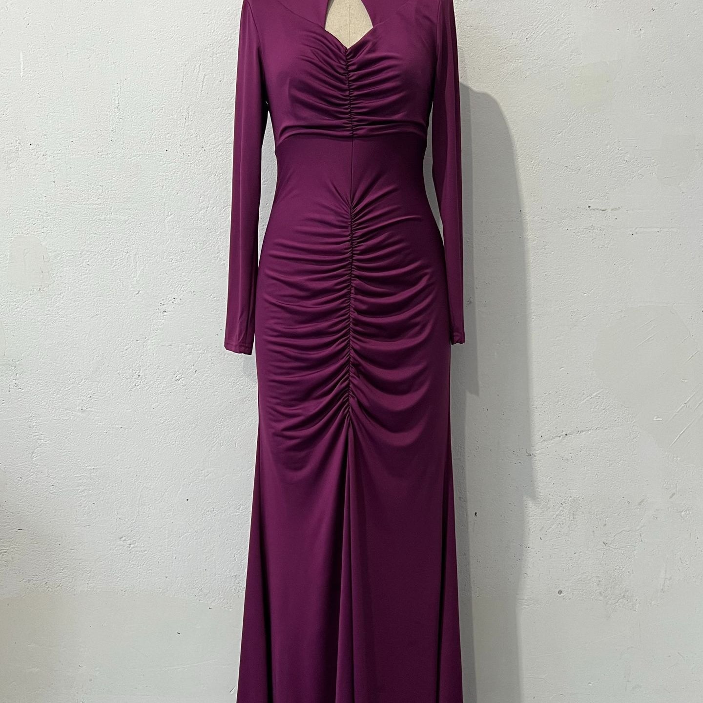 Purple long-sleeved gown with high neckline and gathered bodice for fashionable langry ملابس