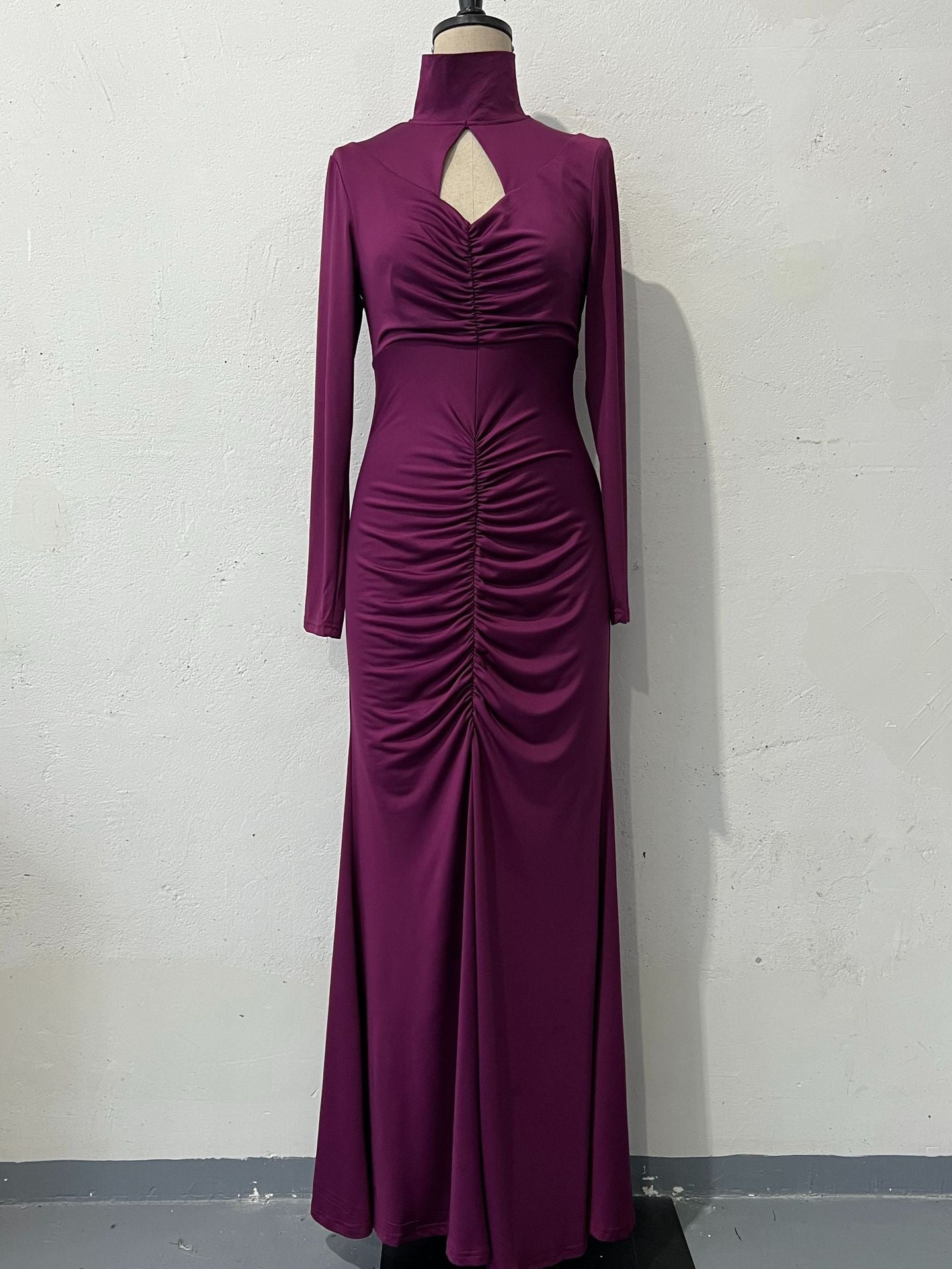 Purple long-sleeved gown with high neckline and gathered bodice for fashionable langry ملابس
