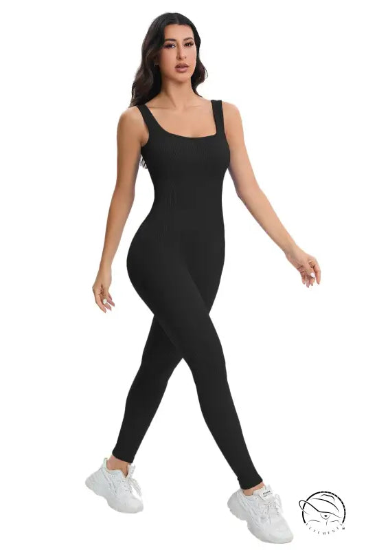 Langry breathable seamless knitted black sleeveless fashion jumpsuit