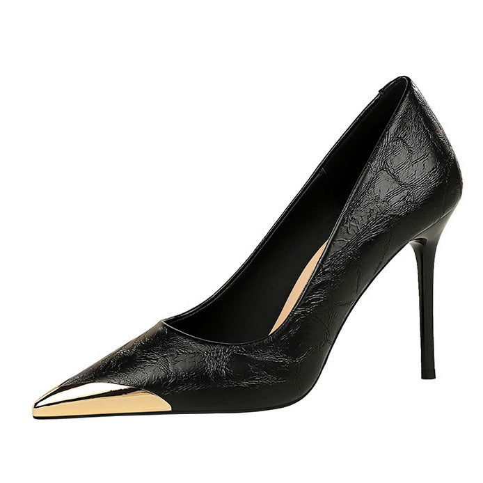 Langry fashion black patent leather high heel with gold toe cap