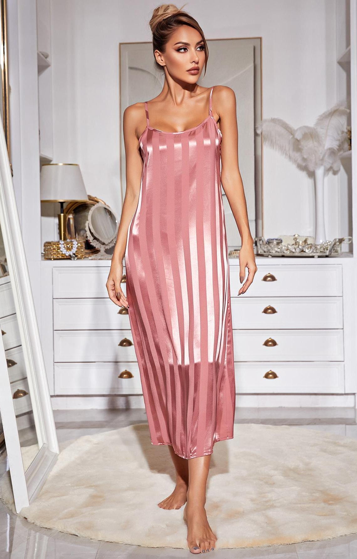 Pink satin slip dress with white stripes in Langry fashion home wear set