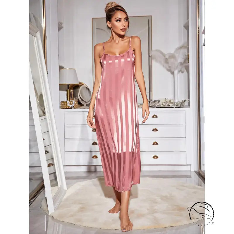 Pink satin slip dress with white stripes in Langry fashion home wear set