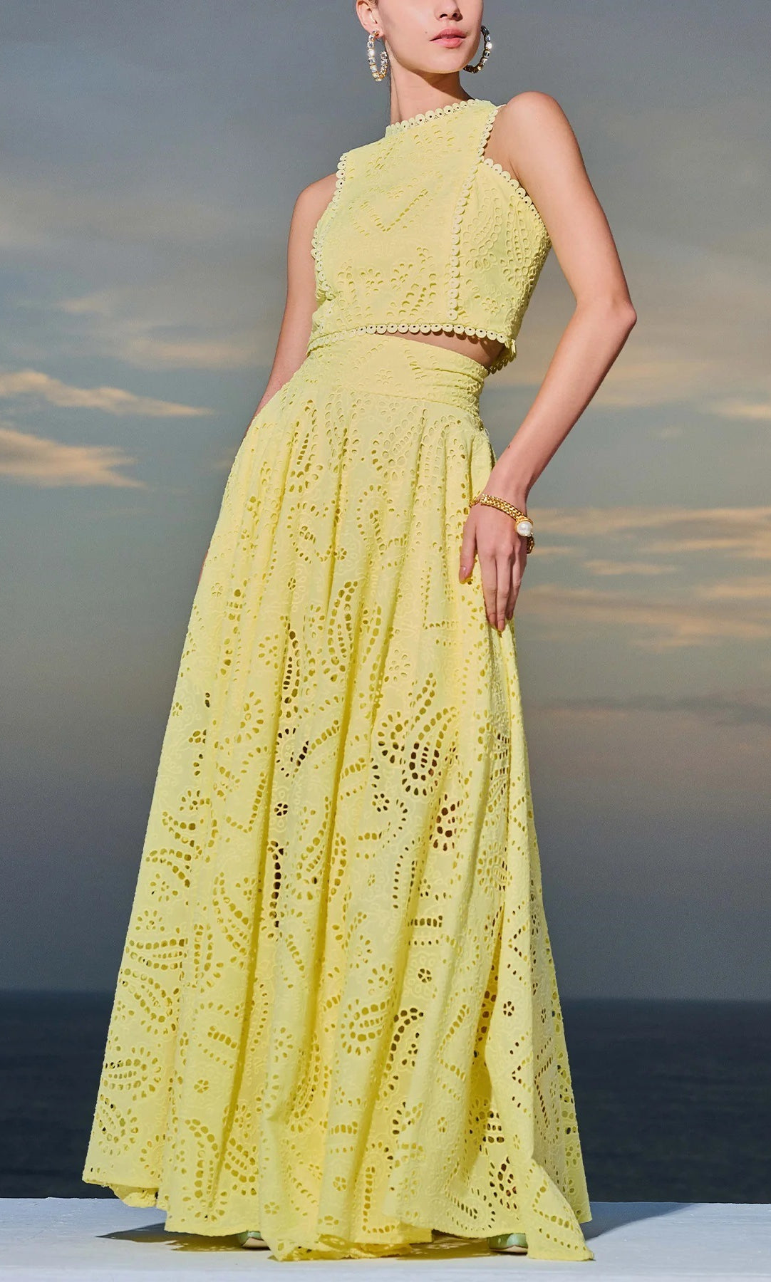 Yellow eyelet two-piece dress from Langry, ideal for casual vacation fashion ملابس