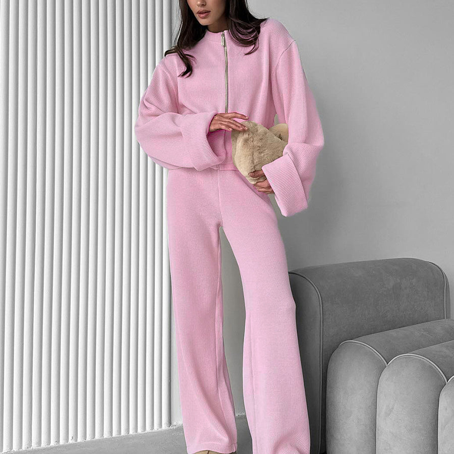 Enchanting langry pink knitted long-sleeved wide-leg pants fashion set