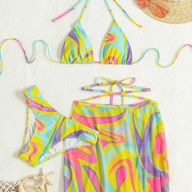 Colorful swirl-patterned swimsuit set from Printing Tied Spaghetti Strap Cross Halterneck High Waist Backless Bikini Three Piece Set showcasing modern fashion and ملابس style