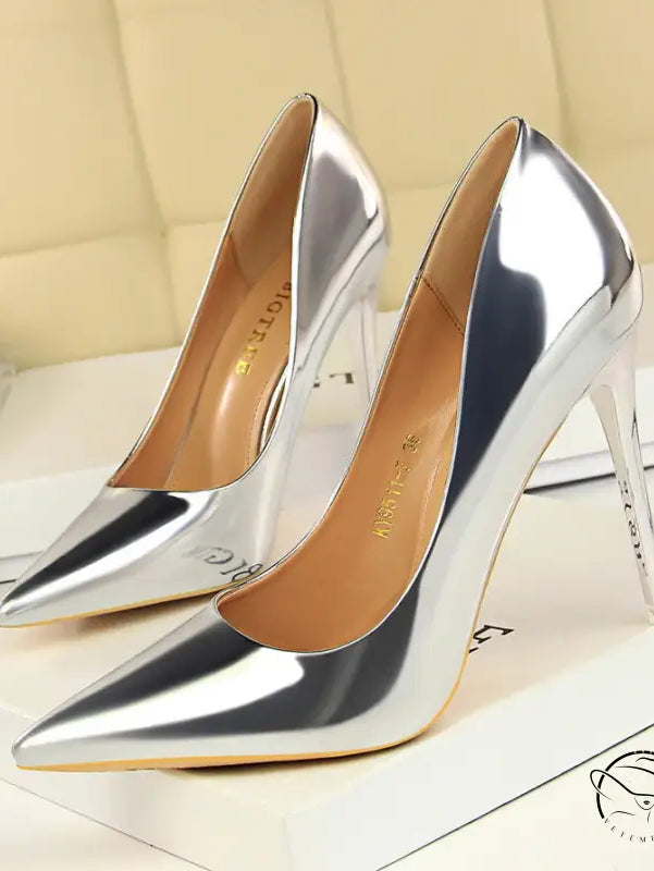 Fashionable silver pointed-toe stiletto heels in langry style