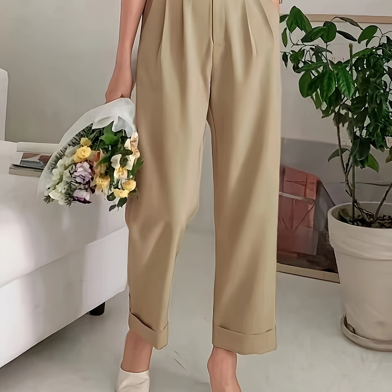 Beige pleated wide leg trousers with cuffed ankles from Office Drooping Slimming collection