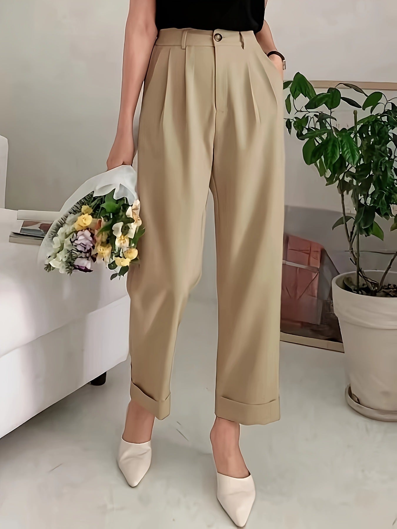 Beige pleated wide leg trousers with cuffed ankles from Office Drooping Slimming collection