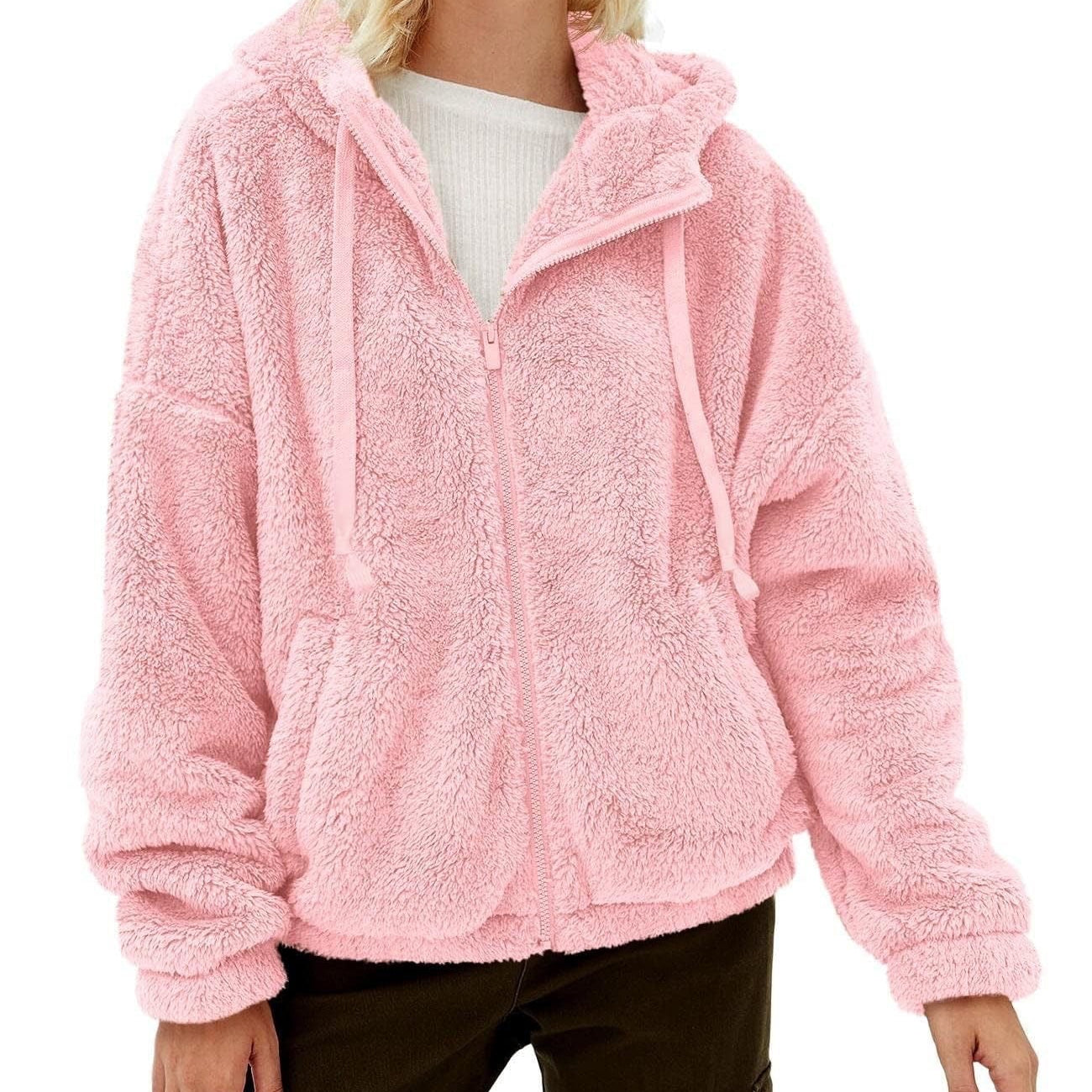 Pink fuzzy hooded jacket on a cute fleece sweater with long sleeve zipper and loose hood