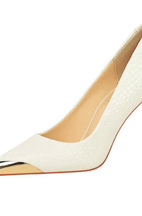Elegant white Langry leather low cut metal pointed high heel shoe