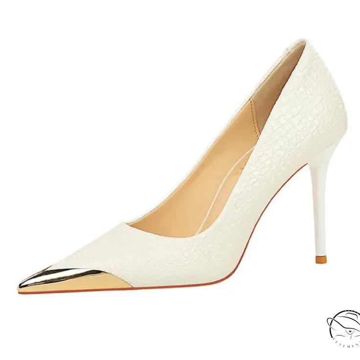 Elegant white Langry leather low cut metal pointed high heel shoe