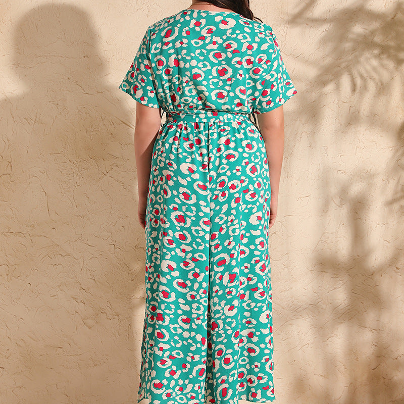 Green patterned jumpsuit from Colorful Rose Holiday Dress V Neck Short-Sleeved Chiffon Dress collection showcasing fashionable ملابس