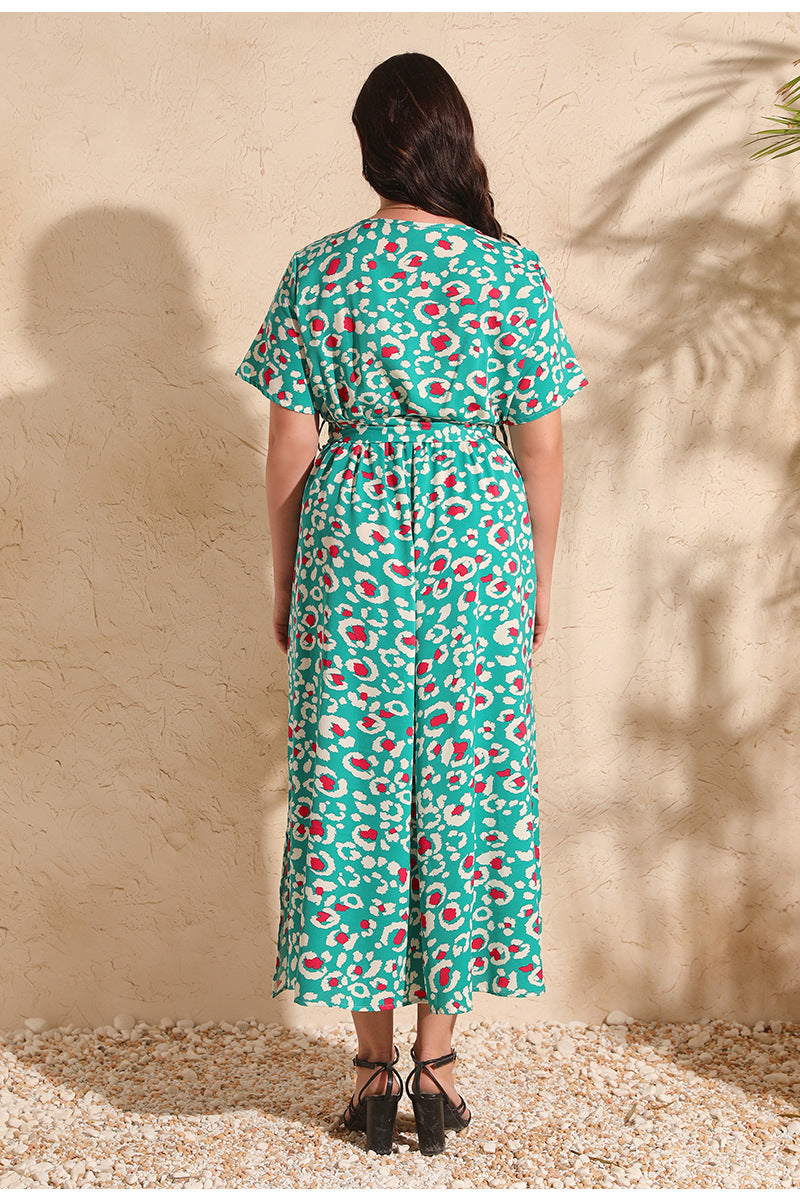 Green patterned jumpsuit from Colorful Rose Holiday Dress V Neck Short-Sleeved Chiffon Dress collection showcasing fashionable ملابس