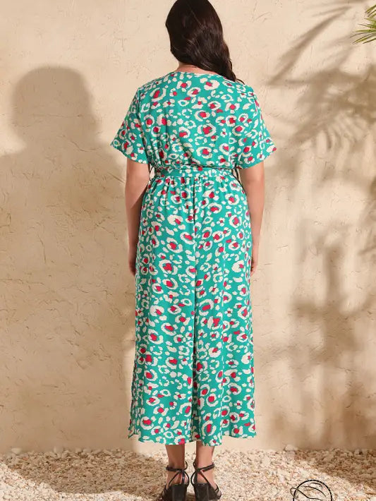 Green patterned jumpsuit in colorful rose holiday chiffon dress