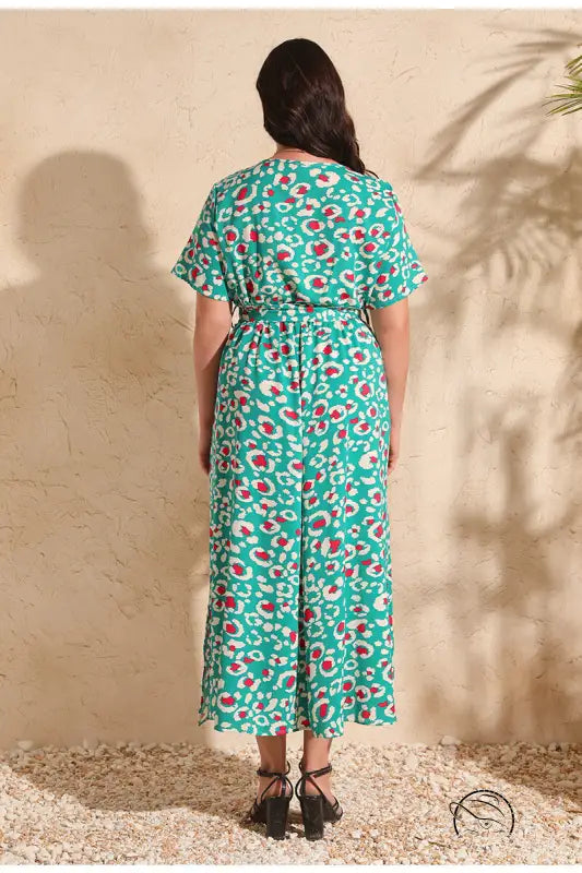 Green patterned jumpsuit in colorful rose holiday chiffon dress
