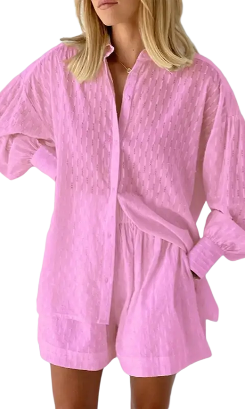 Soft pink jacquard pajamas set shirt dress with relaxed fit and long sleeves