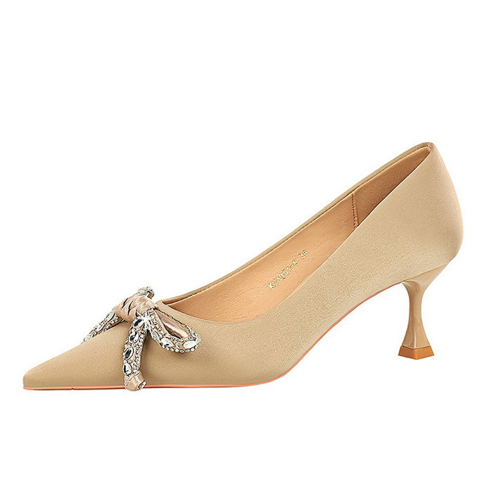Langry fashion beige satin kitten heel with rhinestone bow