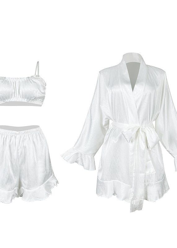 White satin langry robe with ruffled hem and lingerie set