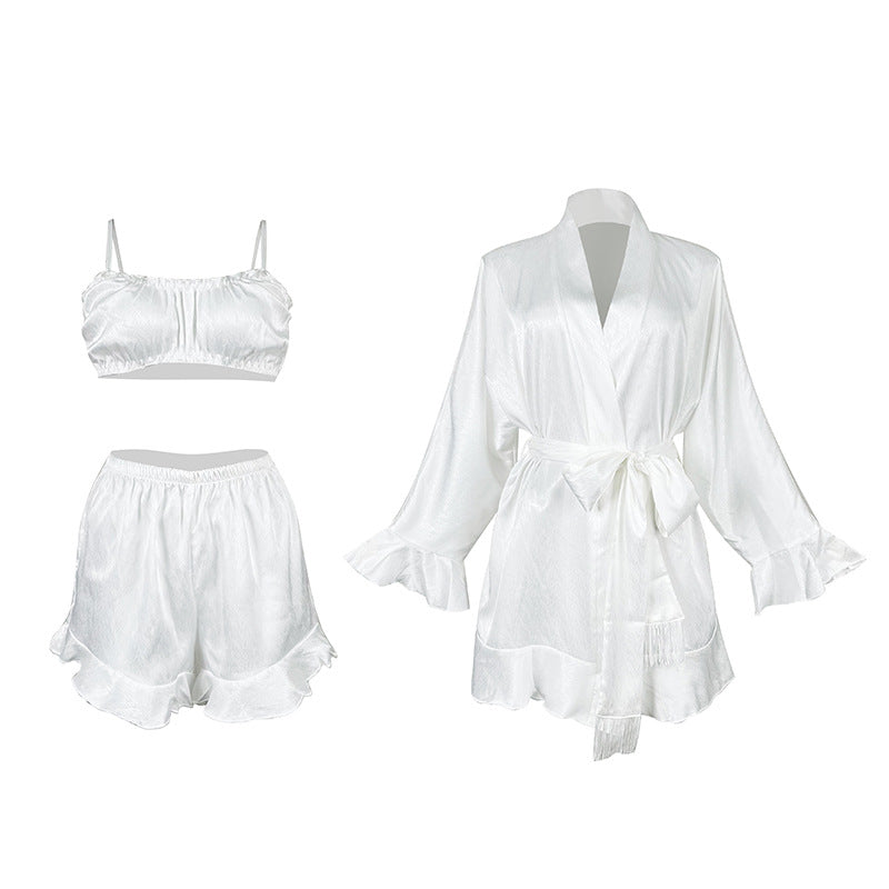 White satin langry robe with ruffled hem and lingerie set