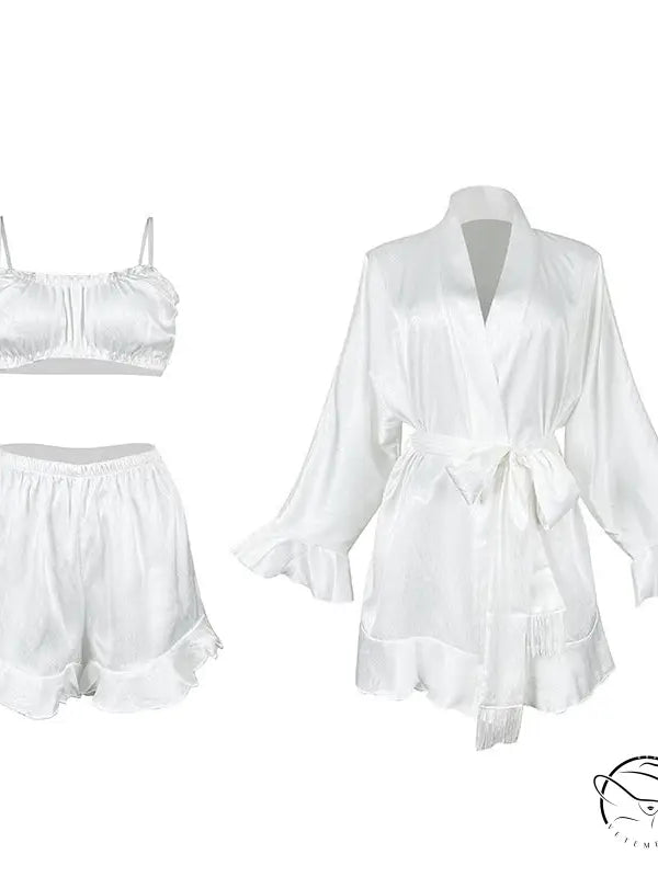White satin lingerie fashion pajamas set with ruffled hem, three-piece ملابس