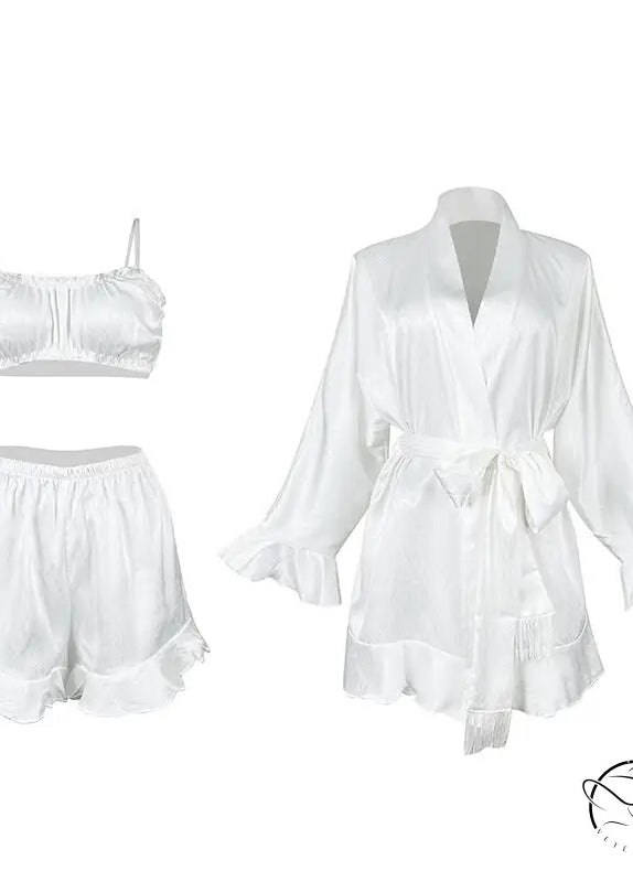 White satin lingerie fashion pajamas set with ruffled hem, three-piece ملابس