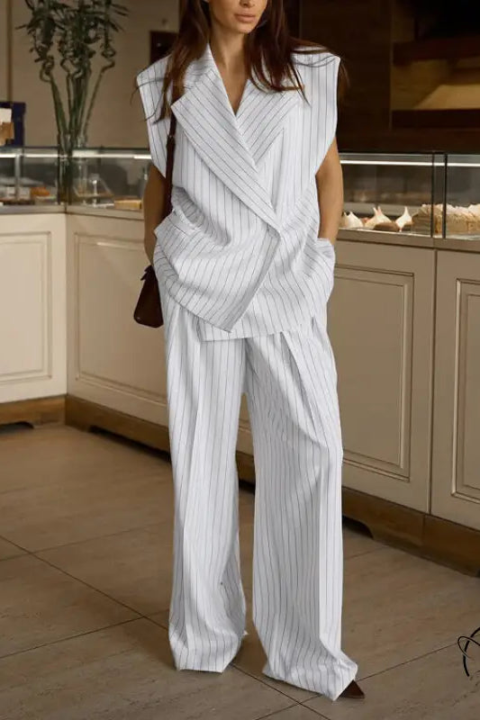 Elegant Striped Top Wide Leg Pants Office Two Piece Sets