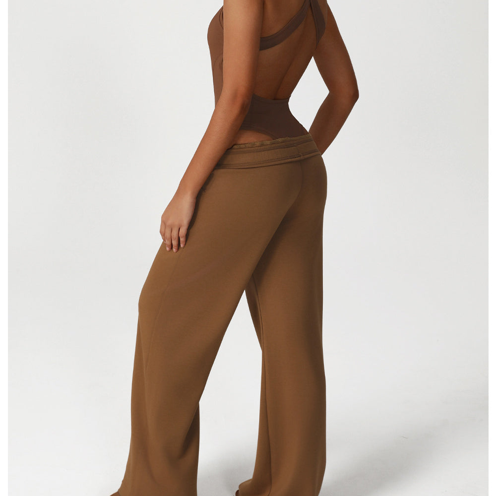 Brown wide-leg langry fashion jumpsuit with sheer back and elastic waistband