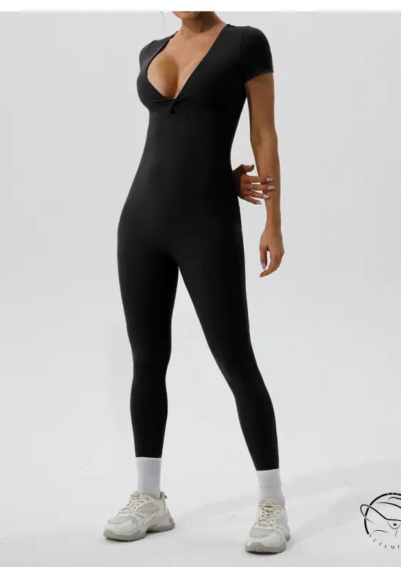 Langry black short-sleeved yoga fitness bodysuit with deep v-neck