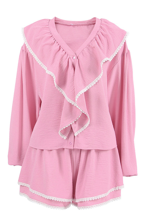 Pink ruffled pajama set featuring a French loose shirt and shirt shorts two piece design